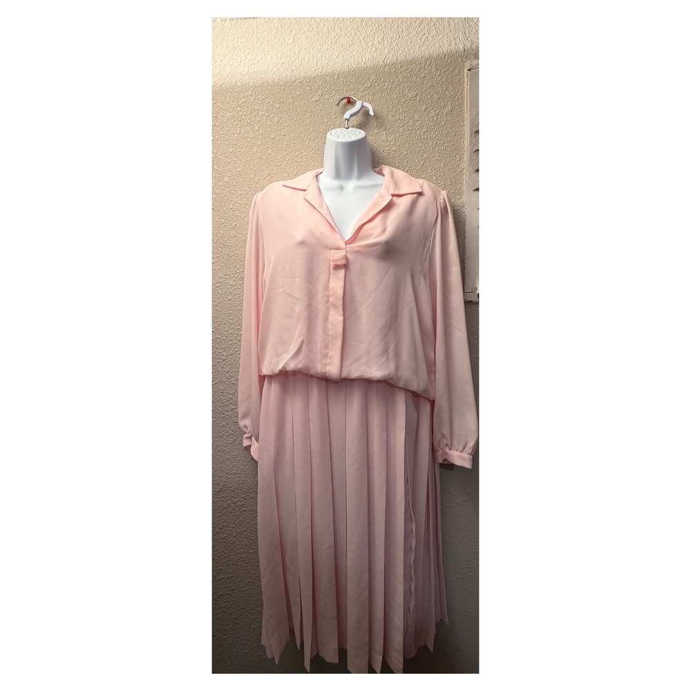 Liz Roberts Vintage Pink Pleated Midi Dress Long Sleeve Blouson Waist Size 16